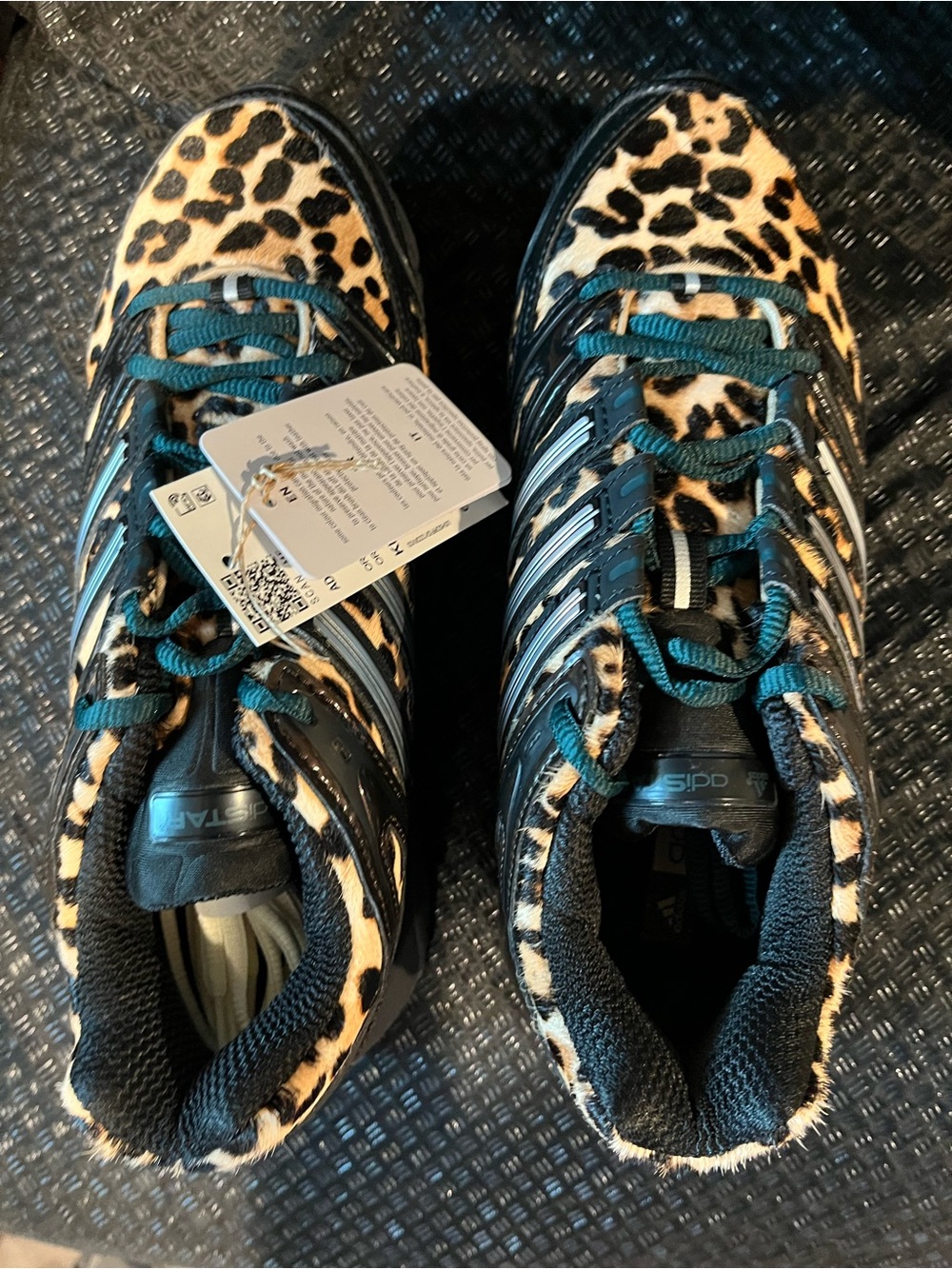 adidas women’s Leopard Print Sneakers with Teal Laces